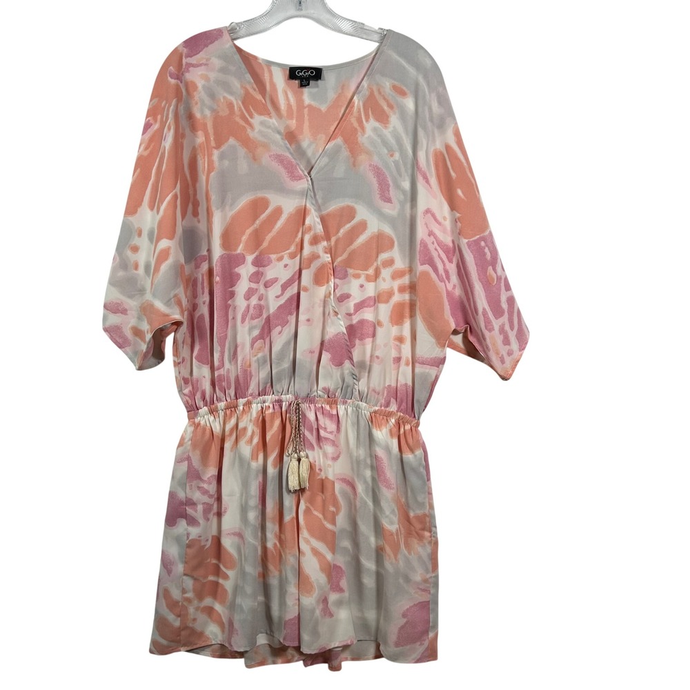 GIGIO USA Women Large Pink Coral Abstract Tie Dye Romper V-Neck Tassel